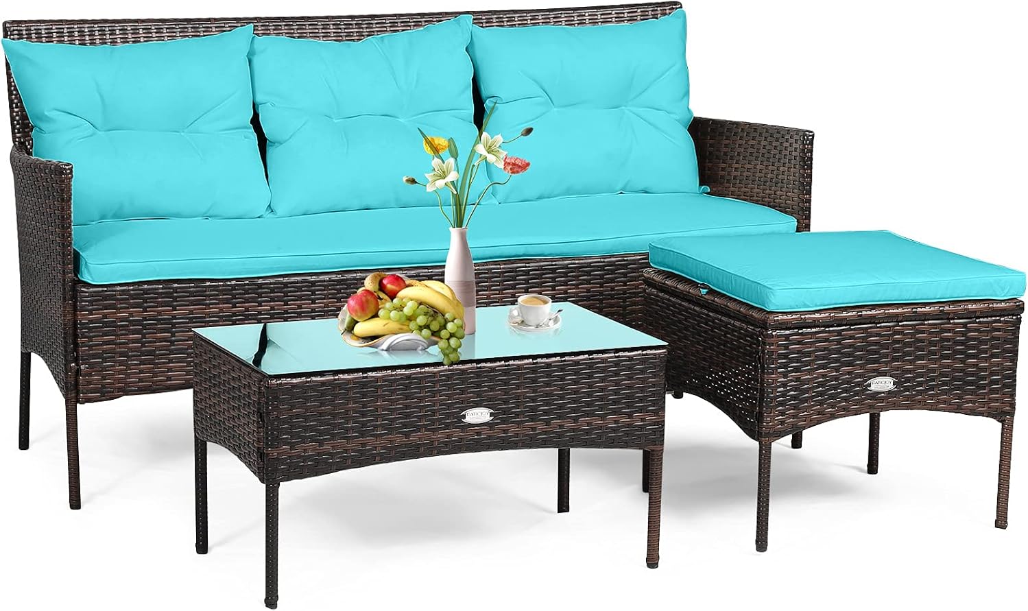 COSTWAY 3PCS Patio Rattan Furniture Set 3-Seat Sofa Cushioned Table Garden, Turquoise