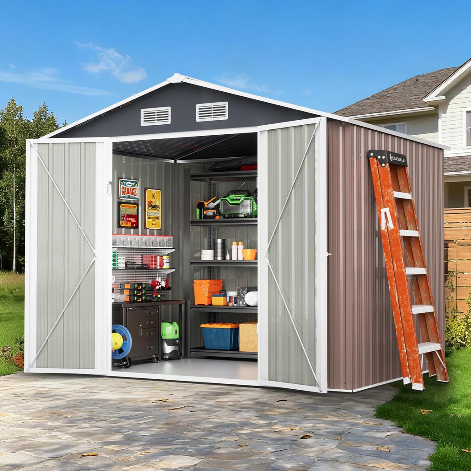 [8ft Heavy Duty Metal Shed] Heavy Duty 8ft. W X 6ft. D Metal Outdoor Storage Shed ，Large Garden Shed, with Slooping Roof and Vent.，Updated Reinforced
