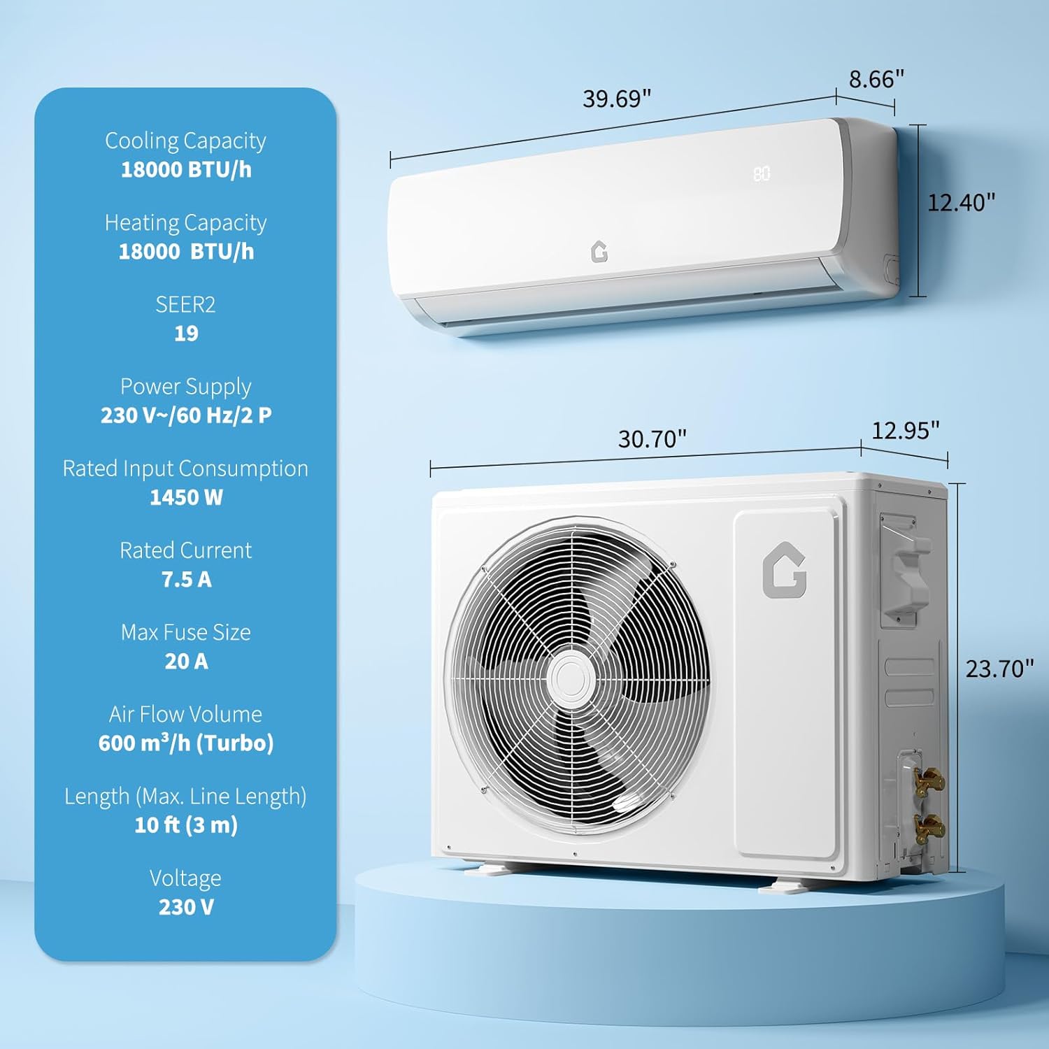 Garvee 18000 BTU Mini Split AC/Heating System,19 SEER2 Mini Split Air Conditioner Heat Pump System, Ductless Wall Mount AC Cool Up to 1250 Sq. Ft, Installation Kits, 230V