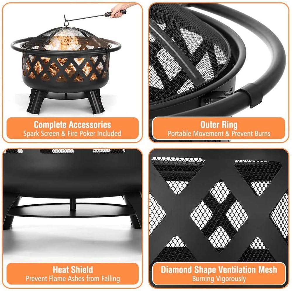 Grills 30 inch BBQ Grill Fire Pits Outdoor Wood Burning Fire Pit Stove Garden Patio Wood Log Barbecue Grill Net Set Cooking Tools
