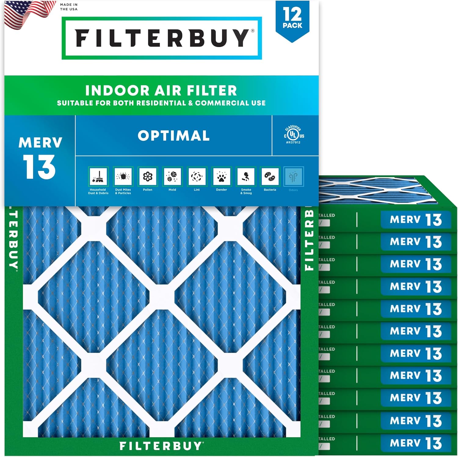 Filterbuy 11.5x15.5x1 Air Filter MERV 13 Optimal Smoke & Allergy Defense (12-Pack), Electrostatic Pleated HVAC AC Furnace Filters Replacement, Made in USA (Actual Size: 11.50 x 15.50 x 0.75)