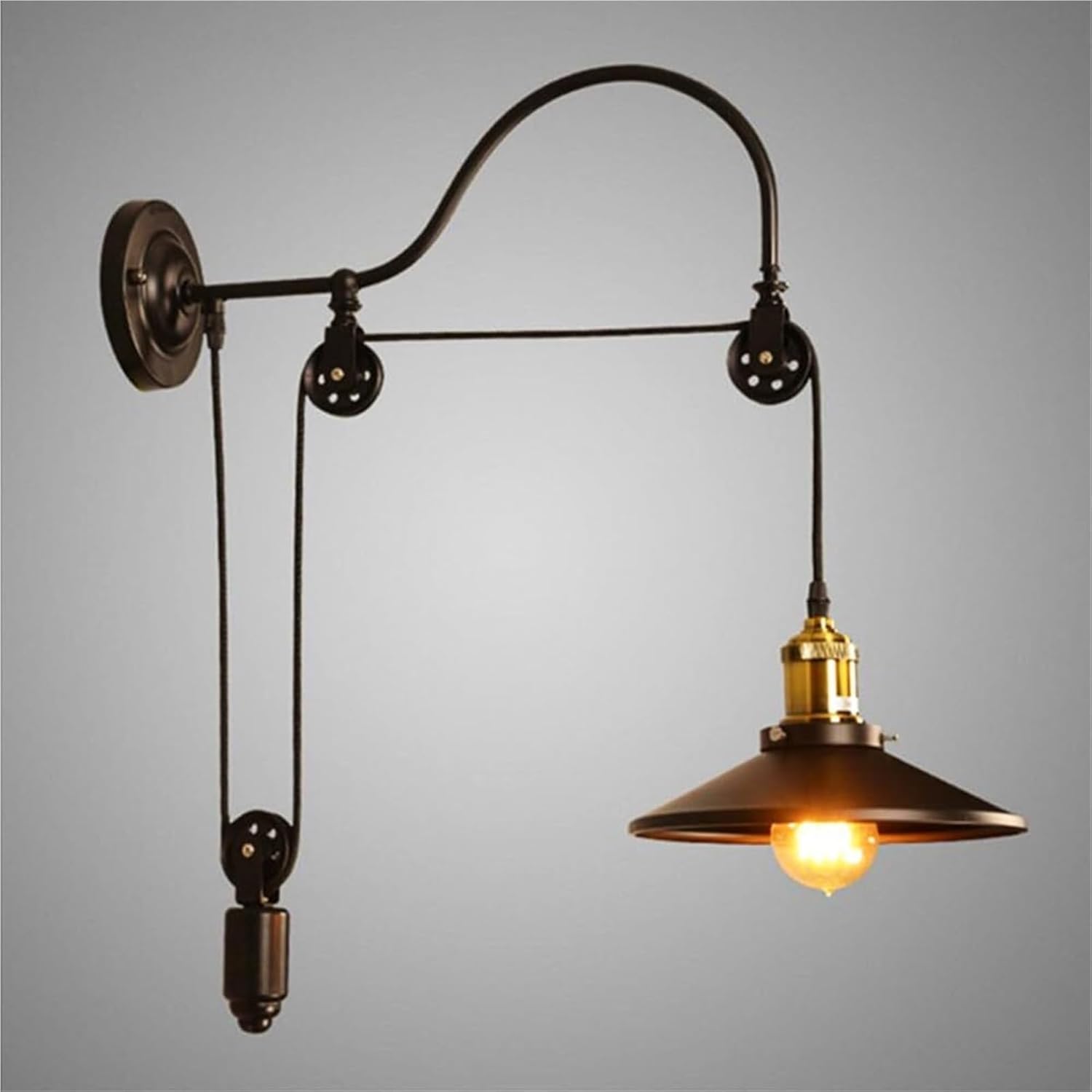 PAYAER Industrial Pulley Wall Sconce, Vintage Adjustable Swing Arm Wall Lamp with Metal Shade, E27 Base Hardwired Farmhouse Lighting Fixture for Bedroom Kitchen