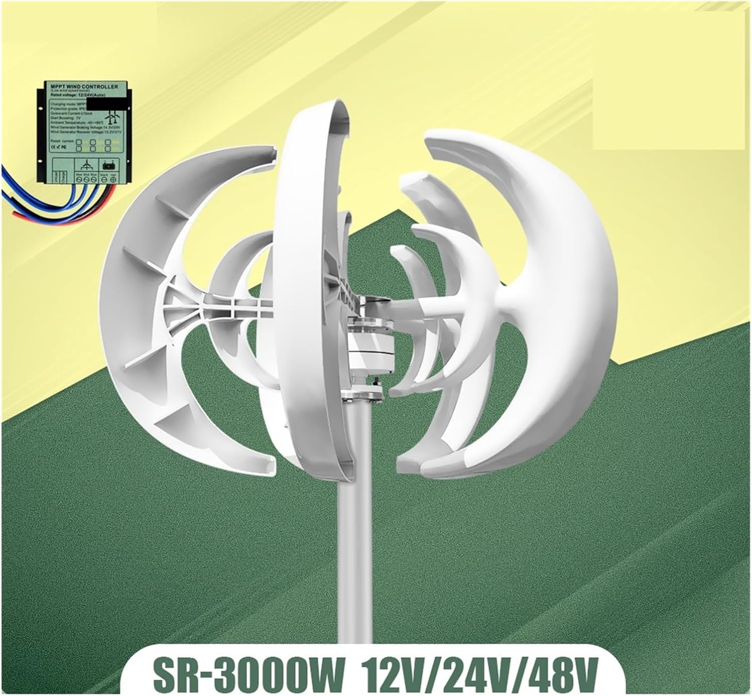 3000W Vertical Wind Turbine 12V 24V 48V Small Windmill Household Farm with Controller Wind Power Generator for Marine Low Starting Speed for Home(White,MPPT Control_24V)
