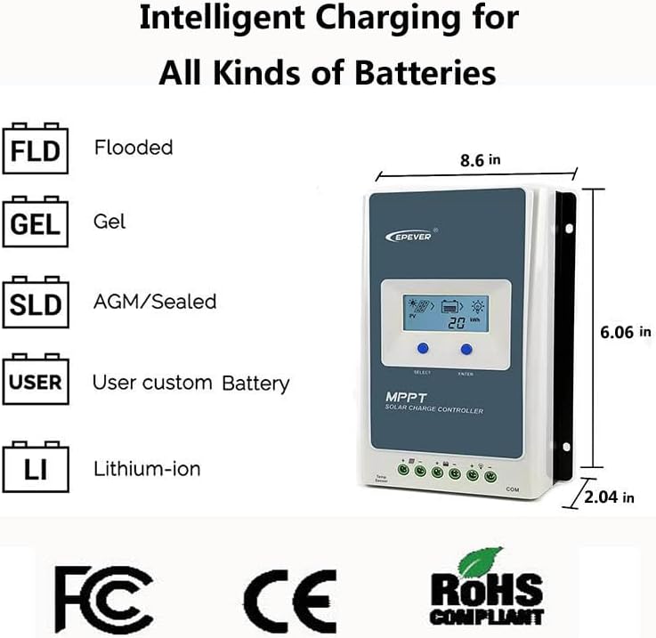 EPEVER 30A MPPT Solar Charger Controller with Tempreture Sensor 12V 24V Auto Indentify Apply for Lead Acid Lithium LiFePO4 (Tracer3210AN+USB+Tempreture Sensor)