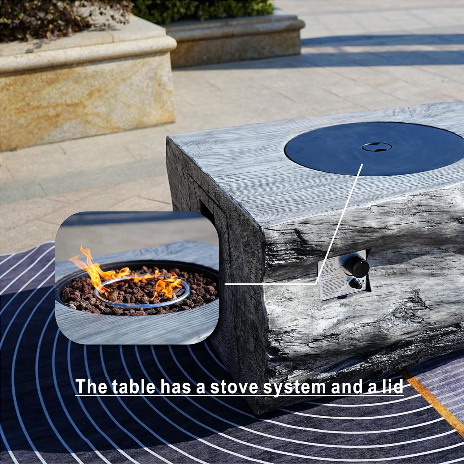 Modern Gray Aluminum Stone Propane Patio Outdoor Fire Pit Table