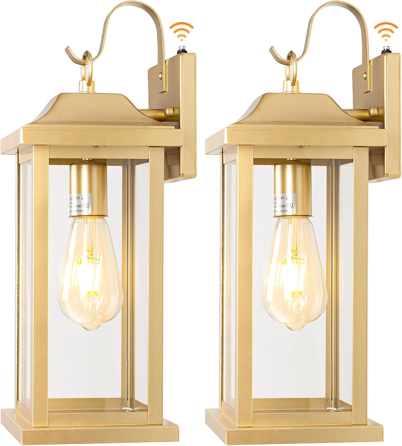 Large Gold Outdoor Sconces Dusk to Dawn 2-Pack, 17 Inch Large Porch Light Photocell Brass Outdoor Light Fixtures IP65 Waterproof with Clear Glass Outside Wall Lanterns Wall Mounted Lamps