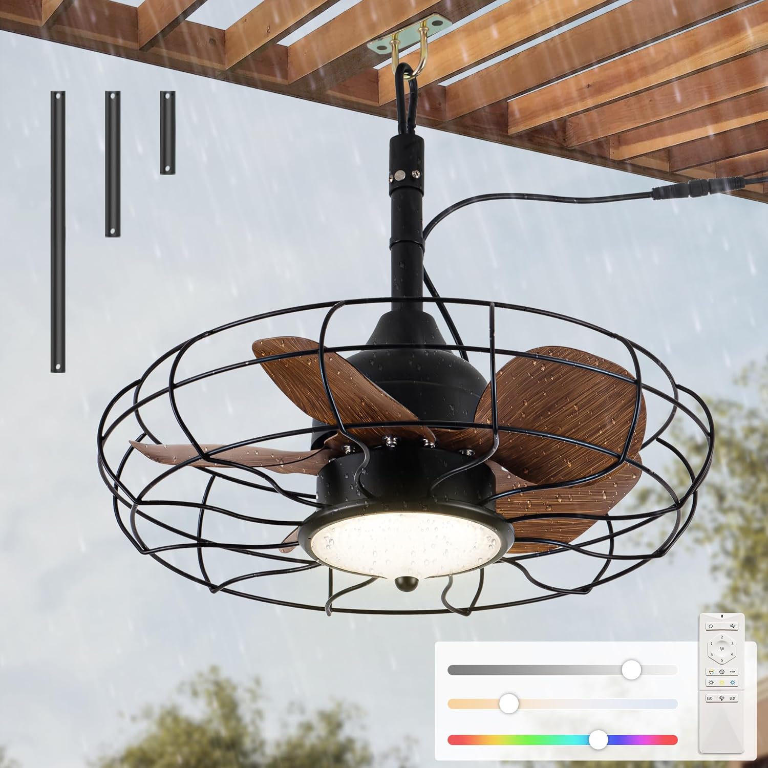 Gazebo Ceiling Fan with Lights, 20'' RGB Outdoor Waterproof Plug In IP65 Fan, Wet Rated with Dual Lighting System with Remote, 7-Color RGB & 3-Color Dimmable LED, Easy Hanging with Hook for Patio
