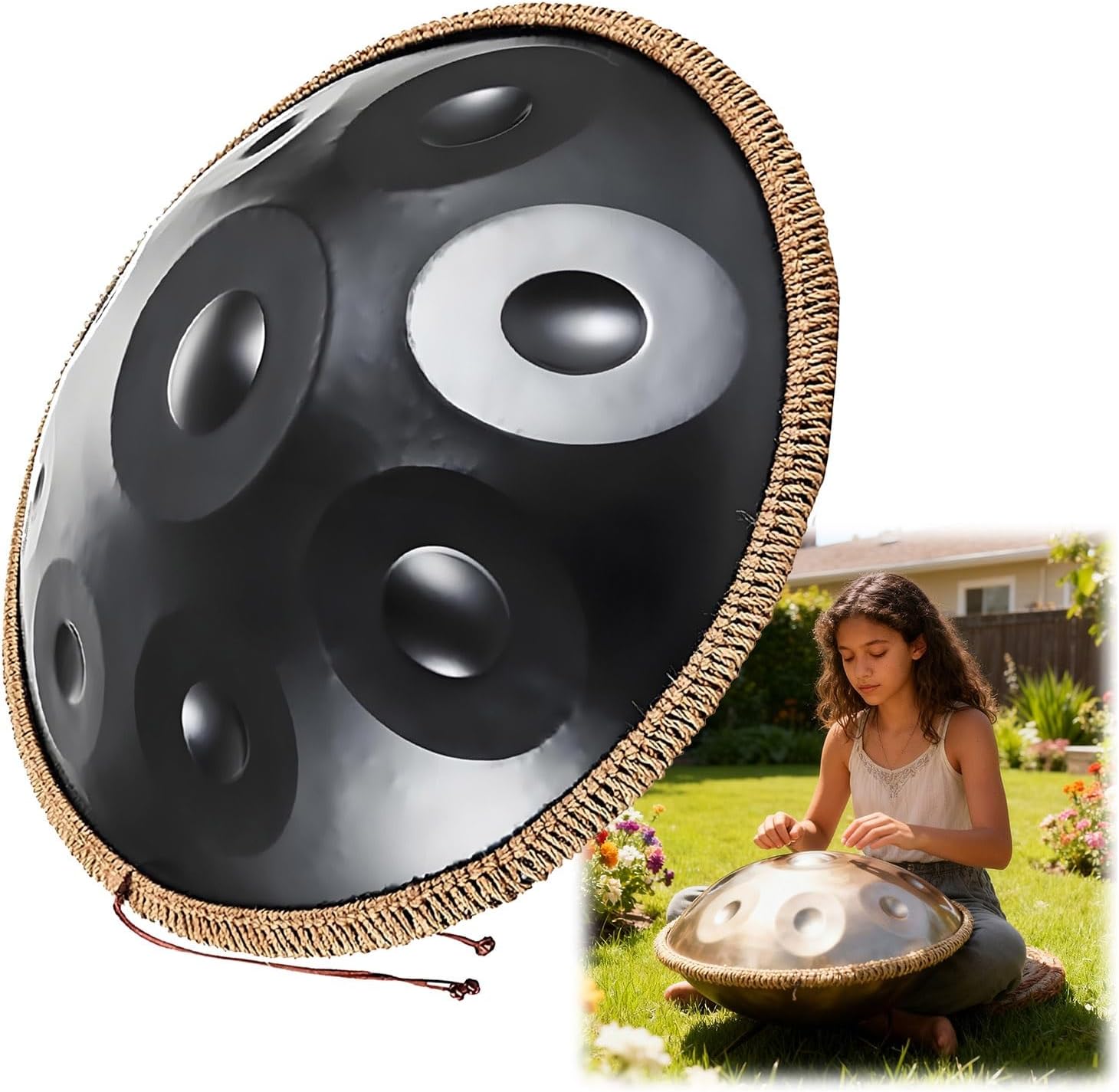 Steel Handpan D Minor Kurd 440Hz 432hz 9/10/12 Notes 22 Inch Handpan Drum Instrument Harmonic Percussion for Sound Healing, Personal Meditation, Yoga(Black,440HZ/12Note)
