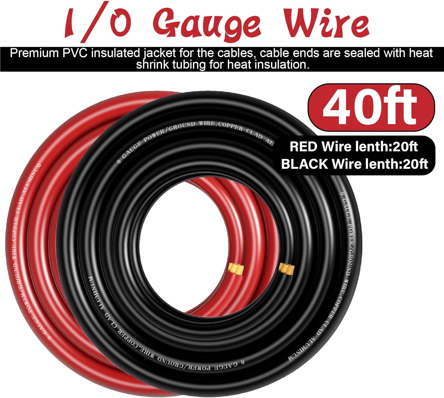 1/0 Gauge Wire Copper Clad Aluminum CCA-Car Amplifier Power & Ground Cable,Primary Automotive Wire,Battery Cable for Car Audio Speaker,Solar, Auto, Marine & RV Trailer(20ft Black+20ft Red)