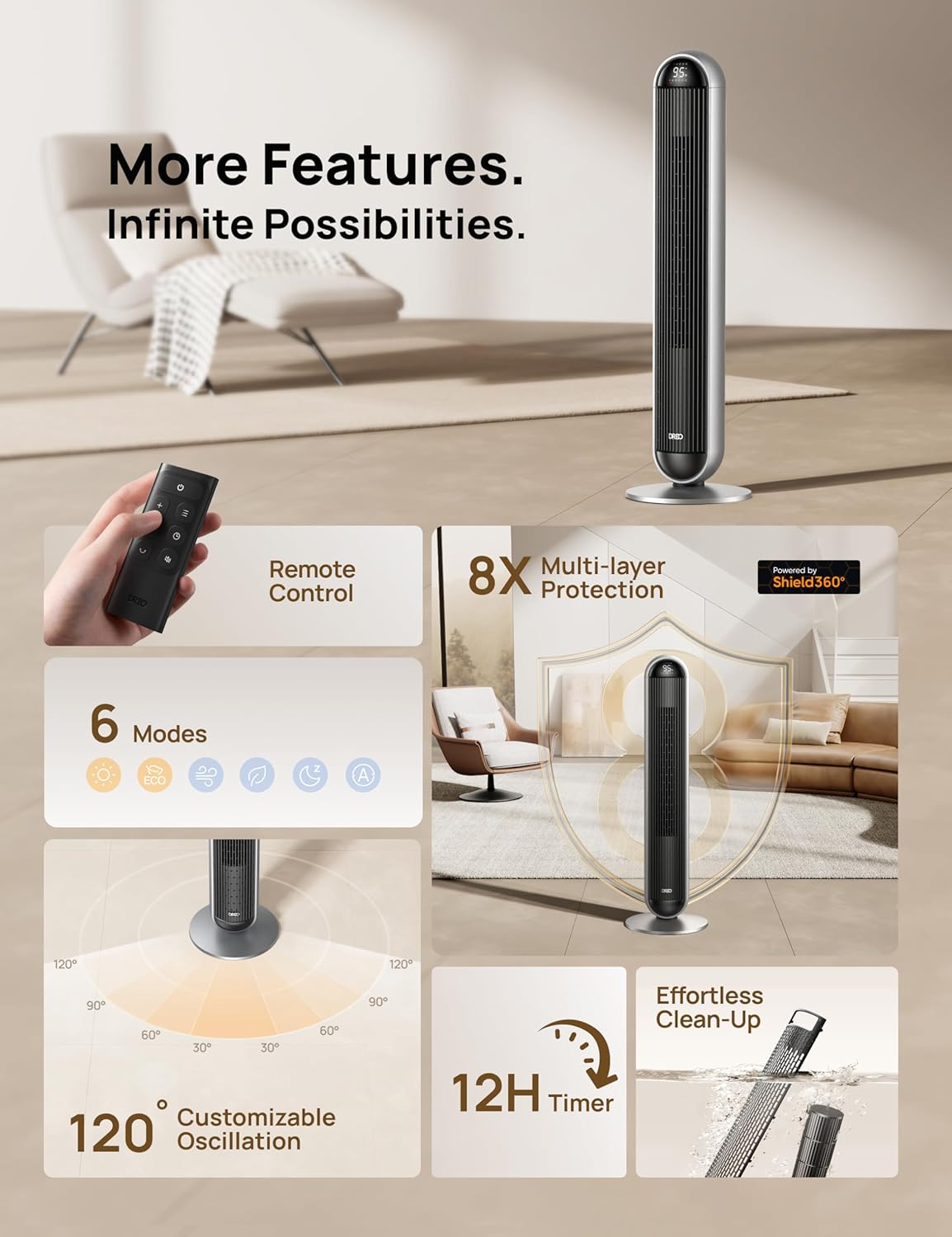 Dreo Tower Fan and Heater Combo, 29.2ft/s Standing Fans for Bedroom, 17 Levels, 6 Modes, 120° Oscillation, 42 Inch, 12H Timer, 25dB Quiet, with Remote, for Office, Large Room, Silver