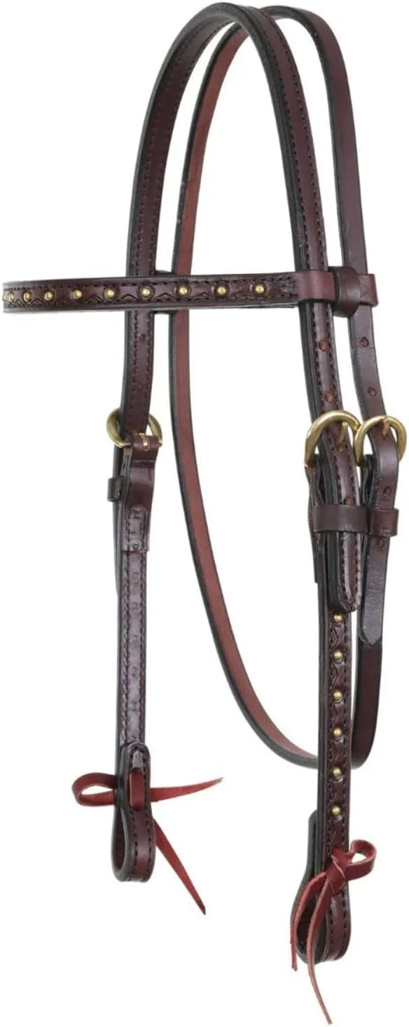 Circle Y Harper Browband Headstall | Double-Ply Western Headstall with Sierra Border Tooling, Brass Spot Accents & Brass Hardware | 35