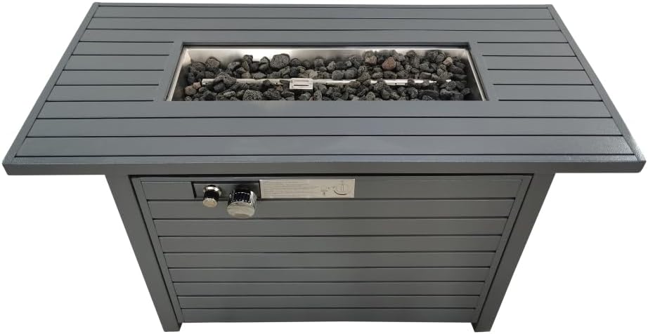 25 inch High x 42 inch Wide Grey Steel Propane-Powered Outdoor Fire Pit Table with Weather-Resistant Cover and Lid