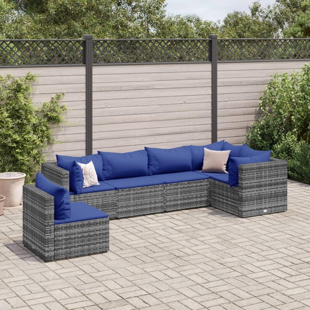 6 Piece Patio Lounge Set with Cushions Gray Poly Rattan,AllWeather Modular Patio Furniture Set PE Rattan Wicker Lounger with Cushions Furniture Sets for Patio, Lawn & Garden