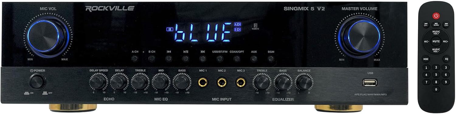 Rockville SingMix 5 V2 2000W Karaoke Mixing Amplifier, Bluetooth, USB/SD, Optical/Coax Inputs, Echo Effects, Remote Control, Perfect for Home Karaoke and Professional Venues