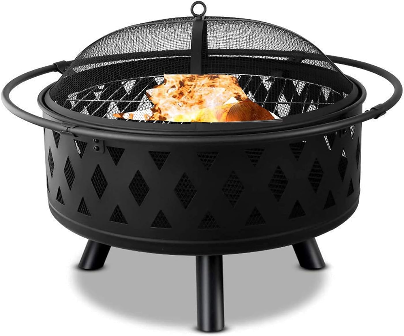 32 Inch Large Fire Pit, Crossweave Outdoor Fire Pit Round Fire Pit with Grid Poker Patio Bonfire BBQ Grill Firepit for Backyard Garden Camping