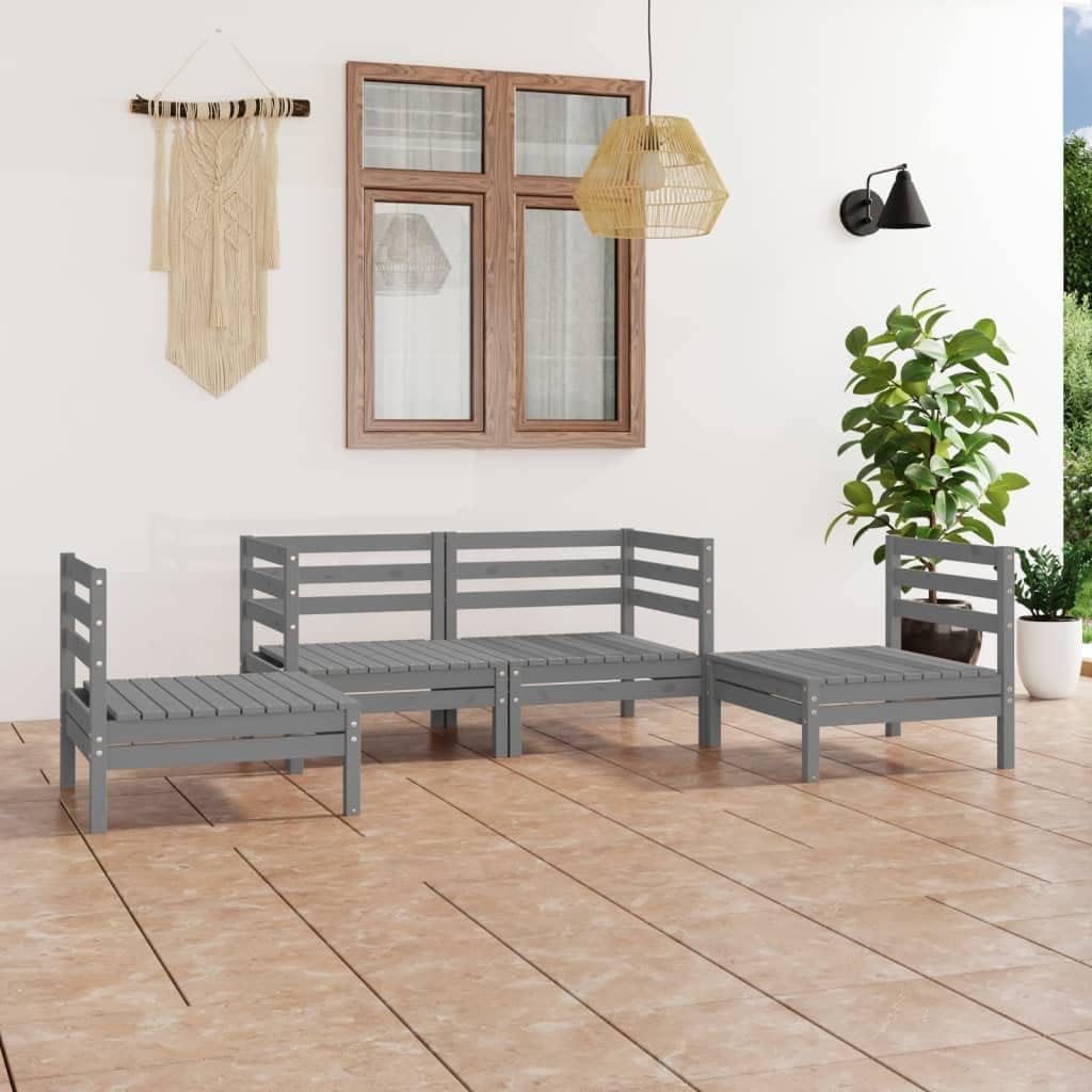 Garden Lounge Set, Grey Solid Pinewood, Medium Modular Outdoor Furniture for Patio, Balcony, 4-Piece Seating, Rustic Style