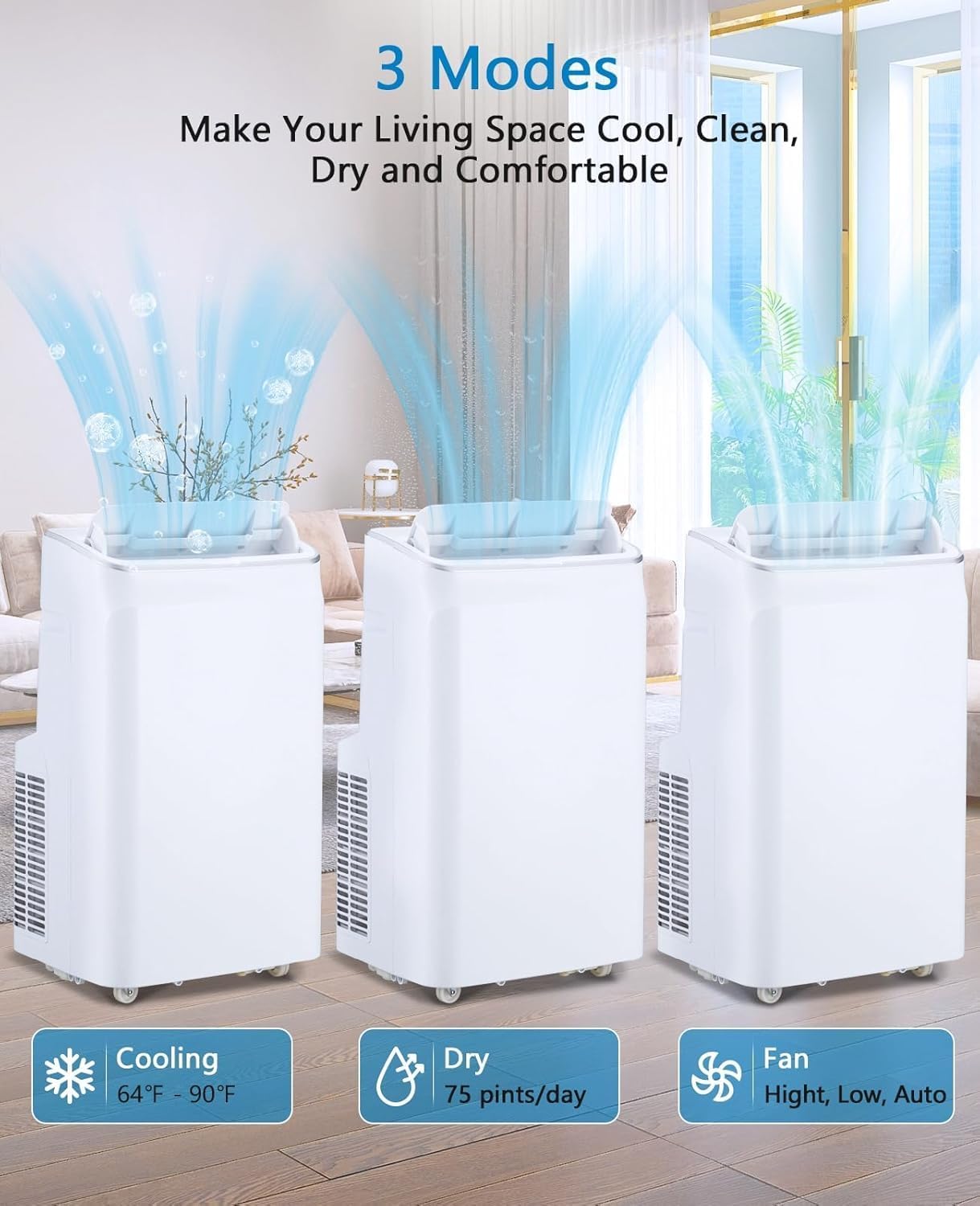 12000 BTU Portable Air Conditioner 3-in-1 AC Unit with Fan and Dehumidifier, Cools up to 550 Sq. Ft.,Remote Control with 24H Timer, Easy Installation with Window Kit for Home or Office