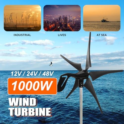 1000W Wind Turbine Generator Kit - Horizontal 12V/24V/48V with Controller & 5 Black Blades, Auto Wind Direction Adjustment, Perfect for Home, Outdoor, Boat & Camping Use