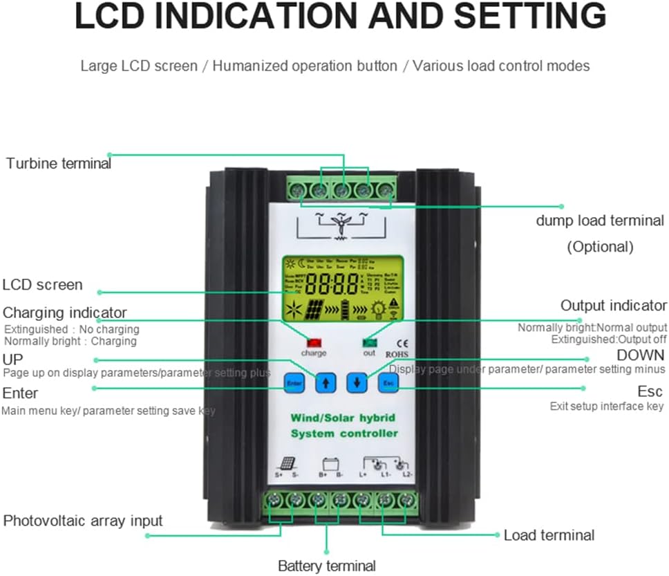 1000W Wind Solar Hybrid Charge Controller PWM 600W Wind + 400W Solar Boost Charge Technology Digital Intelligent Regulator with LCD Display