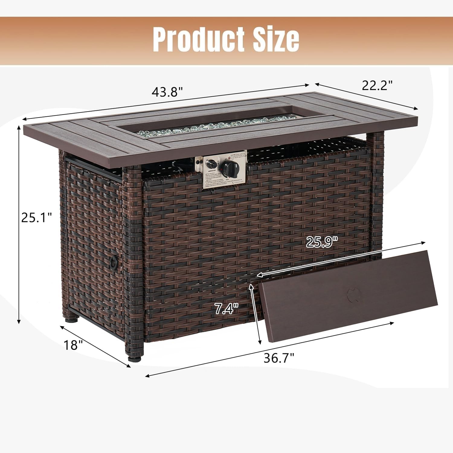 Aoxun Outdoor Patio Furniture with Fire Pit Table, 50,000 BTU Wicker Gas Fire Pits with Lid, 44'' Propane Gas Firepit Table for Backyard, Poolside, Garden (Brown)