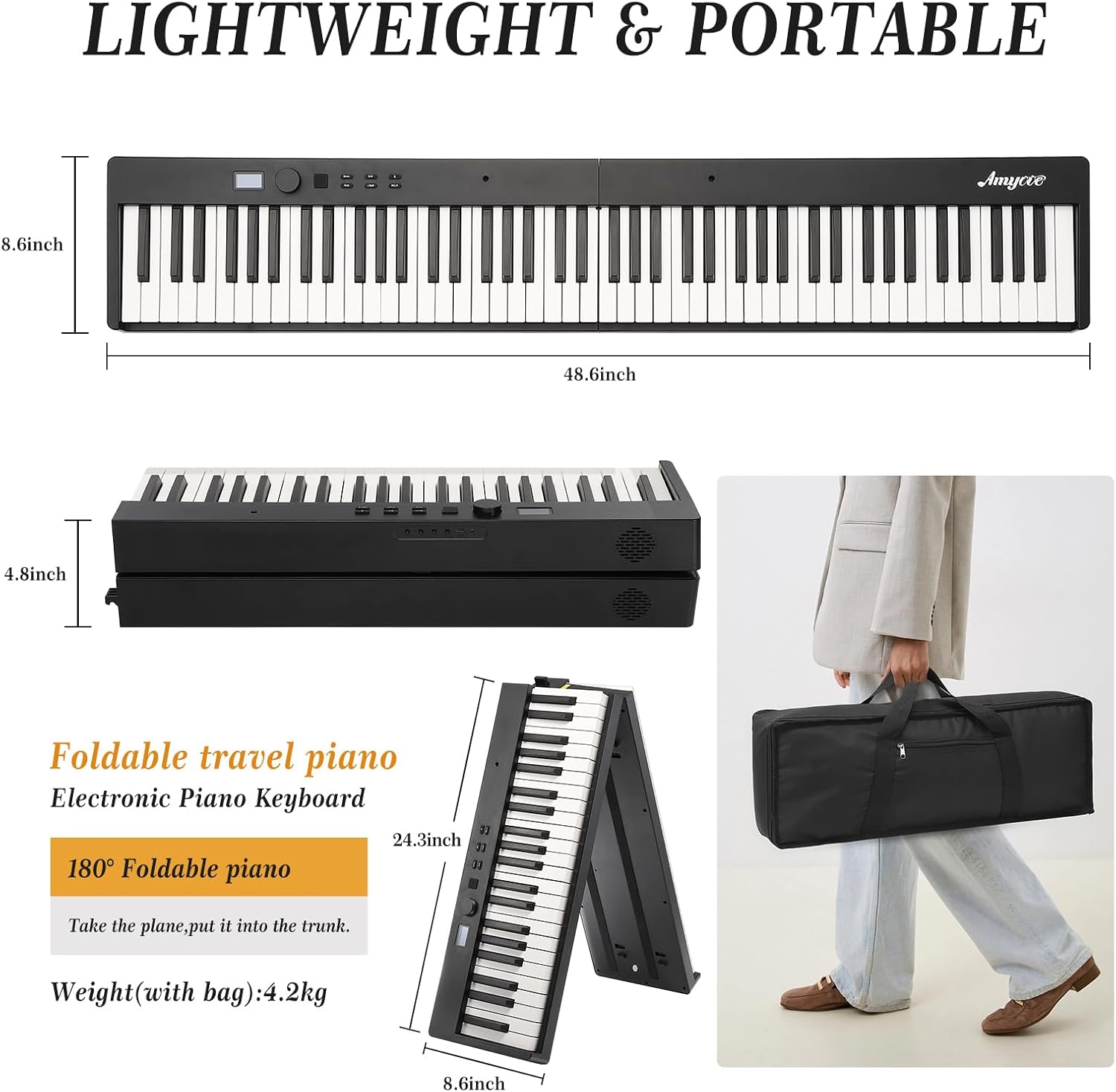 Foldable Piano Keyboard, Portable 88-Key Electronic Piano with Lightweight Design for Travel, Beginners & Students - Digital Music Keyboard with Mini Size & Foldable Feature