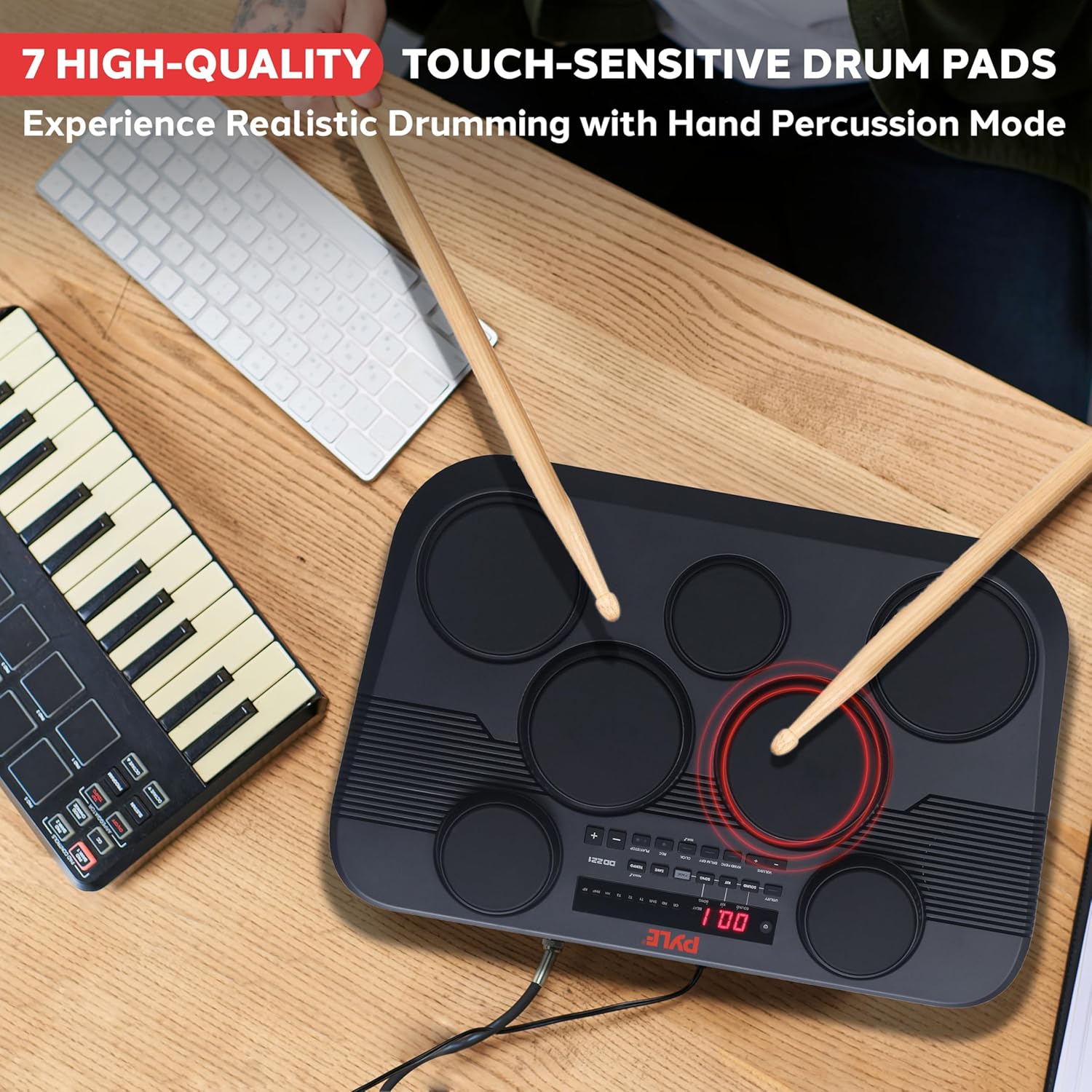 Pyle Electronic Tabletop Digital Drum Set, Compact Portable Drum Pad Kit w/ 7 Touch Sensitive Drum Pads and Pedals, 273 Sounds, USB & Headphone Outputs, MIDI/AUX Inputs, 4x5” Drums & 3x3.5” Cymbals