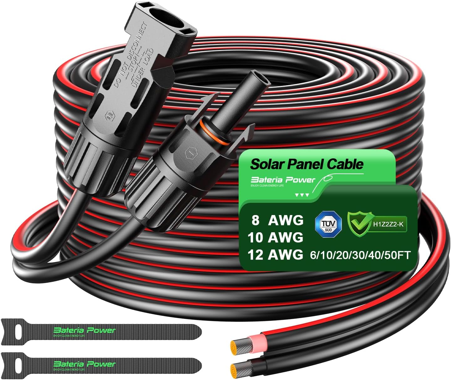 Bateria Power 50 Feet 10AWG Solar Panel Extension Cable 6mm² with Female & Male Connectors, 10 Gauge Twin Wire Conductor Parallel Solar Wire Adapter for RV, Photovoltaic Systems