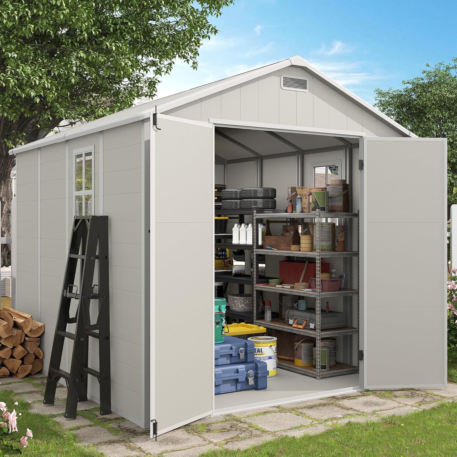 Outdoor Storage Shed, 8x8 FT Resin Shed with Floor and Window, Vents, Lockable Door, Tool Sheds & Outdoor Storage for Bike, Garden Accessories, Waterproof (Sandstone)