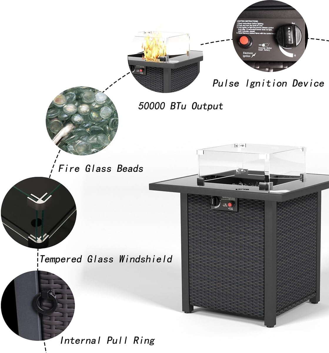 28 Inch Propane Fire Pit Table, Rattan Wicker Look, 50000 BTU Gas Firepits Tempered Glass Tabletop with Glass Windscreen Protector for Outside Patio and Garden(Coffee)