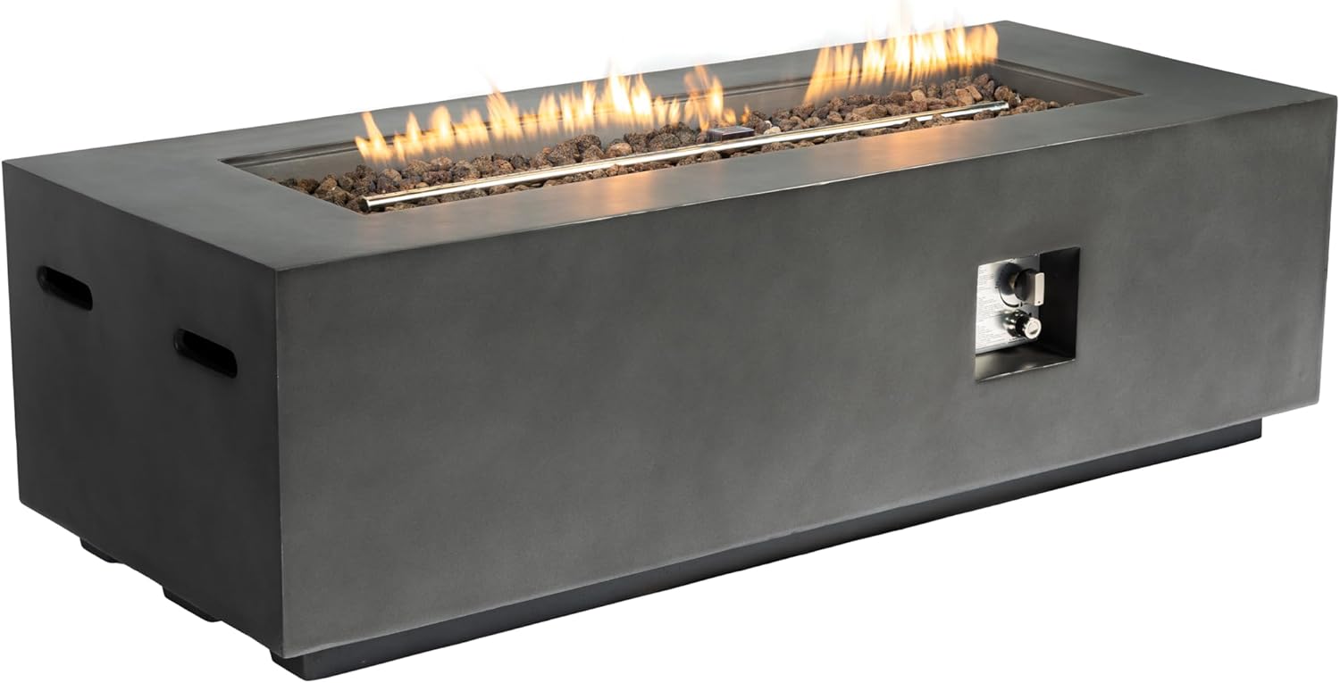 60 Inches Outdoor Rectangle Propane Fire Pit Table, 50,000 Btu Concrete Fire Table with Auto-Ignition, Dark Gray Lava Rocks & Cover Included – 1 Door Design (1 Doors)