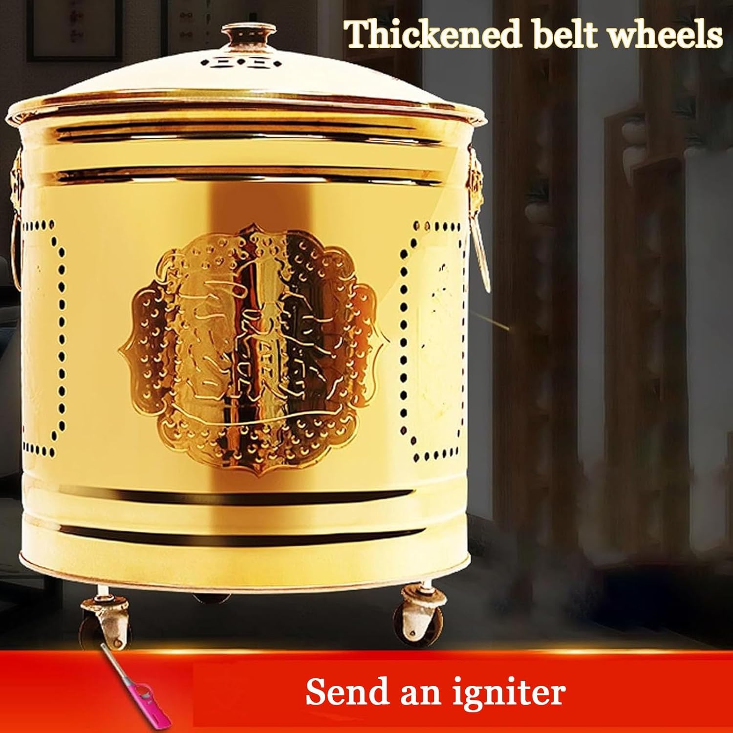 Stainless Steel Outdoor Smokeless Burn Barrel with Lid Garden Incinerator Burning Fire Bin Fire Pits with Wheels Burning Gold Barrel Burning Scripture Barrel for Paper Leaf Trash Indoor(Gold,10.2in)