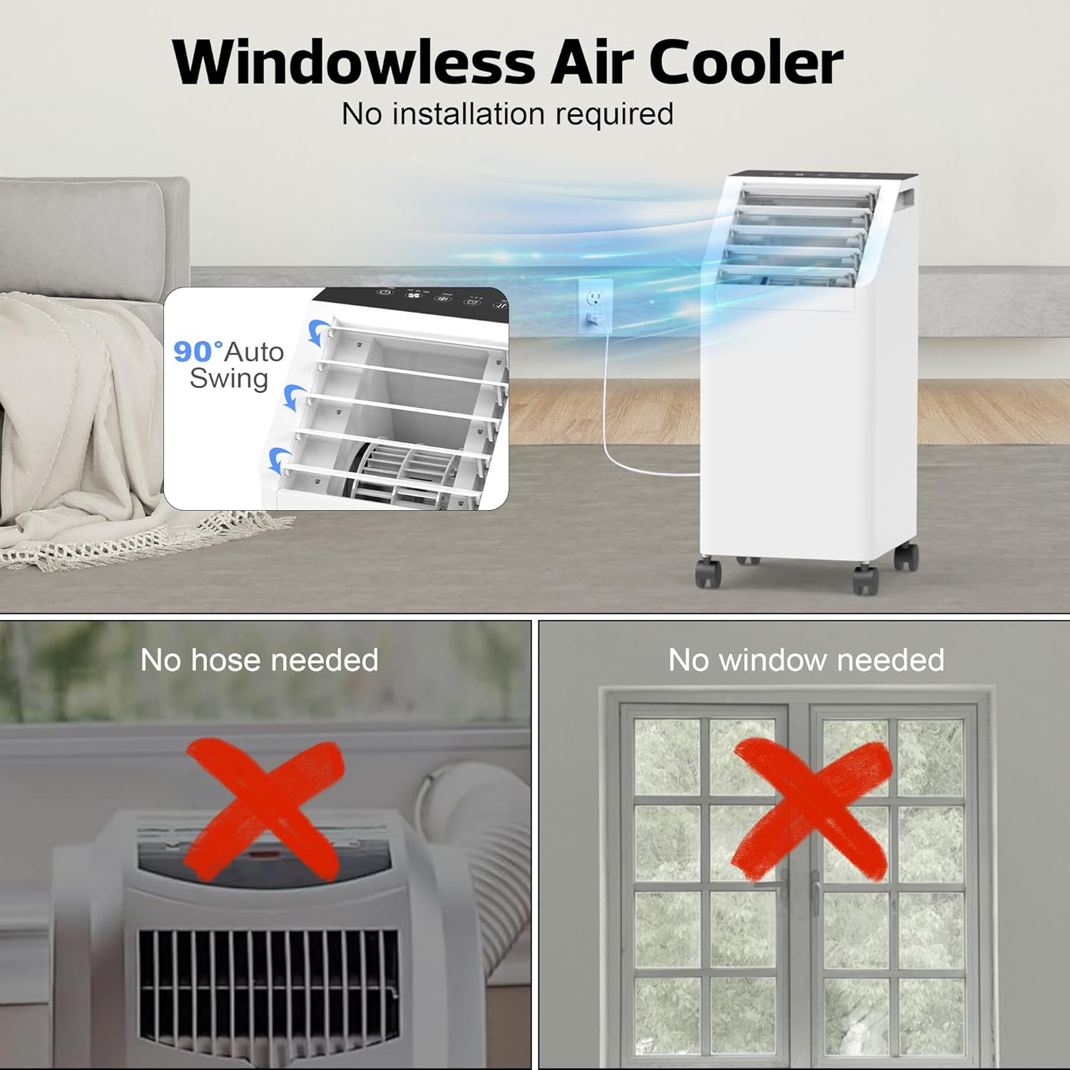 3-IN-1 Windowless Portable Air Conditioner, Evaporative Air Cooler with 90° Oscillation, 3 Speeds, Remote, 1 Gal Water Tank, 4 Ice Packs, Timer, Fast Cooling Fan for Indoor Bedroom Office