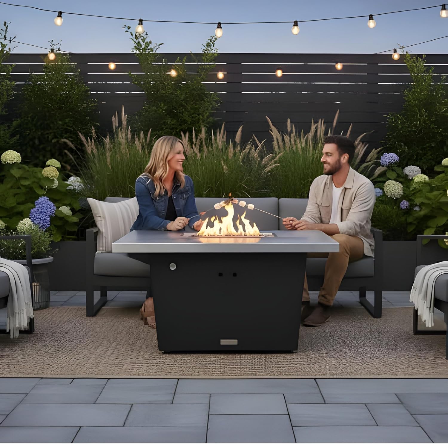 COOKE Palisades Rectangular Fire Pit Table - 52x36 - Chat Height - Propane - Brushed Aluminum Top with 3cm Edge - Beige Powdercoat Base