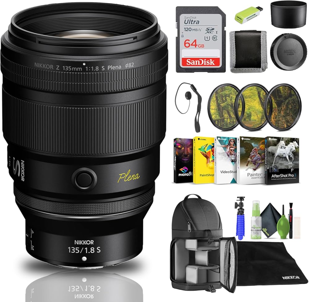 Nikon NIKKOR Z 135mm f/1.8 S Plena Lens (20123) + 64GB Memory Card + Filter Kit + Backpack + Card Reader + Corel Photo Software + Flex Tripod + Memory Wallet + Cap Keeper + Cleaning Kit
