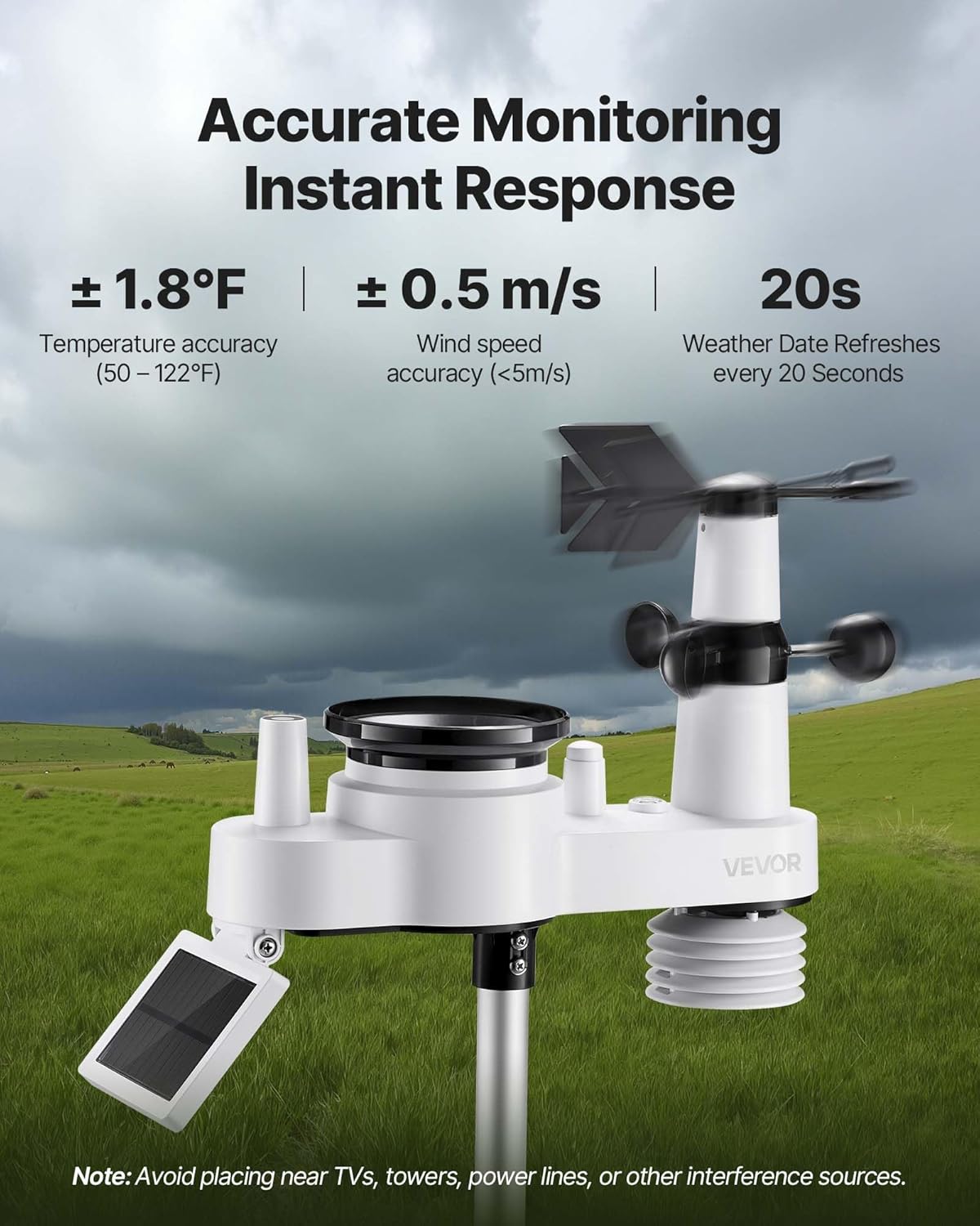 VEVOR 7-in-1 Wireless Weather Station, 7.5-Inch VA Display, Solar Powered Outdoor Sensor, Rain Gauge, Indoor Outdoor for Weather Forecast, Temperature, Humidity, Wind Speed and Direction (No WiFi)