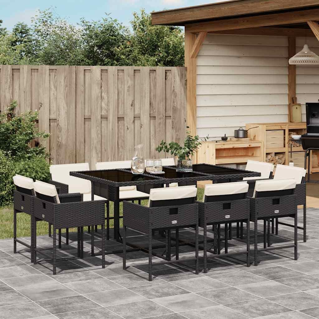 11 Piece Patio Dining Set with Cushions, Black Poly Rattan Outdoor Table and Chairs, Space-Saving Design for Garden, Backyard, Balcony Furniture
