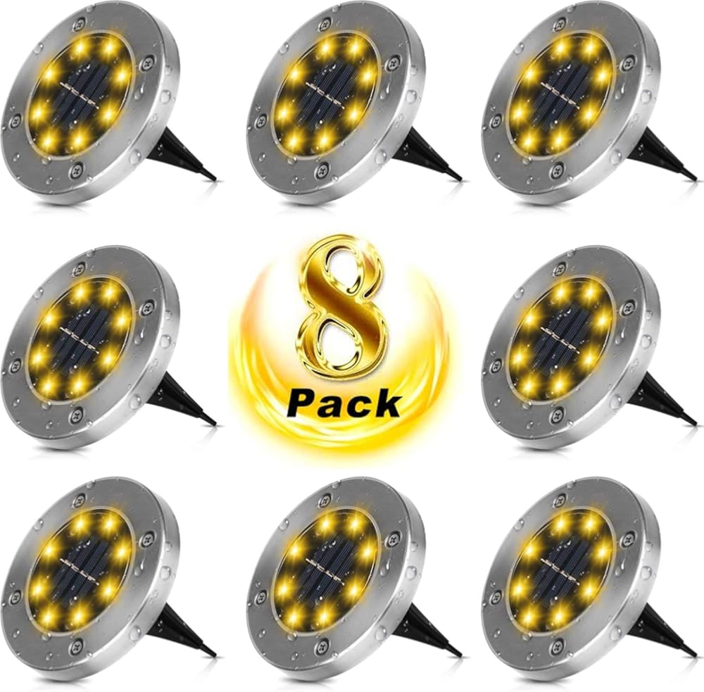 Solar Ground Lights, Upgraded Outdoor Garden Waterproof Bright in-Ground Lights for Lawn Pathway Yard Driveway, Producing More Light with 8 LED (Warm White)