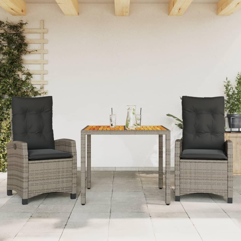 3 Piece Patio Dining Set with Cushions Gray Poly Rattan,Modern Garden Dining Set with Reclining Chairs and Adjustable Backrests Furniture Sets for Patio, Lawn & Garden