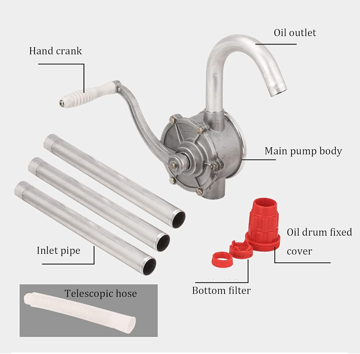 Hand Tool Rotary Barrel Pump,Drum Rotary Hand Pump New Oil Fuel Barrel Heavy Duty，Transfers Antifreeze, Gas, Kerosene, Hydraulic Fluid, Oils and More for Use On 15 to 55 Gallon Drums