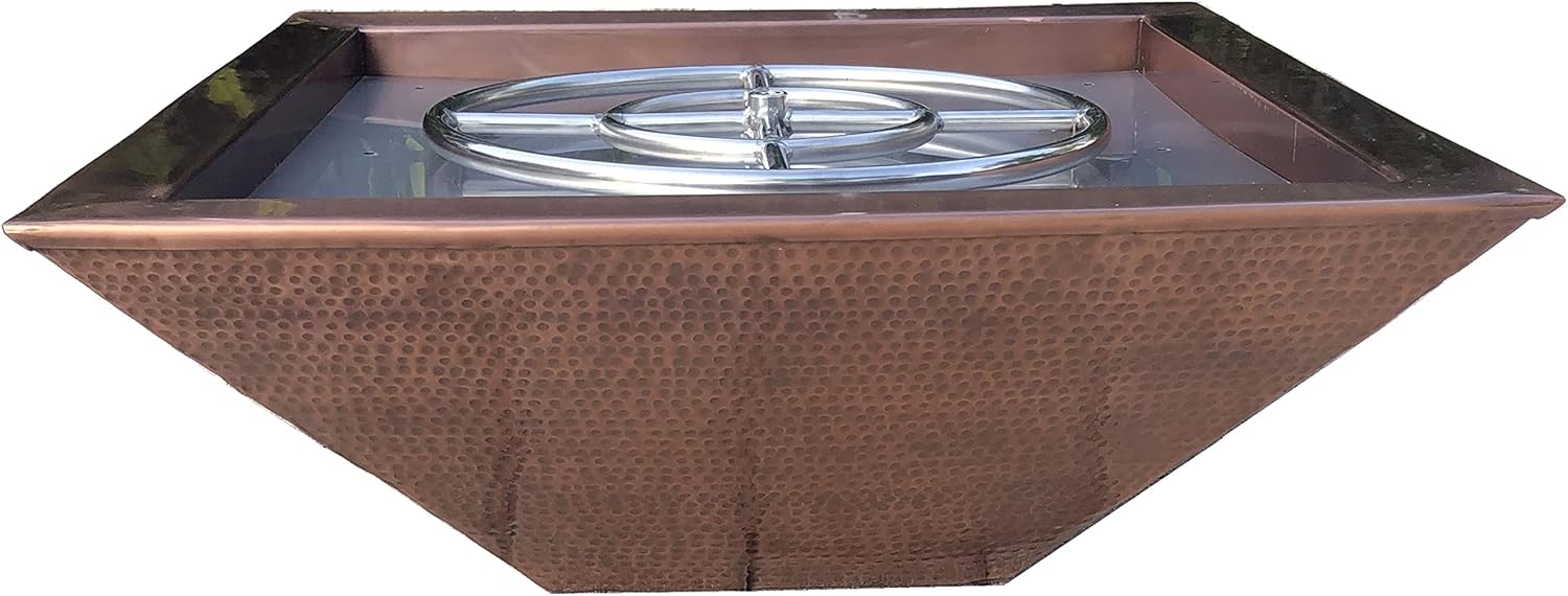 30 Inch Hammered Copper Bowl Square Propane or Natural Gas Fire Pit with 18 inch Diameter Burner Ring 147,000 BTU
