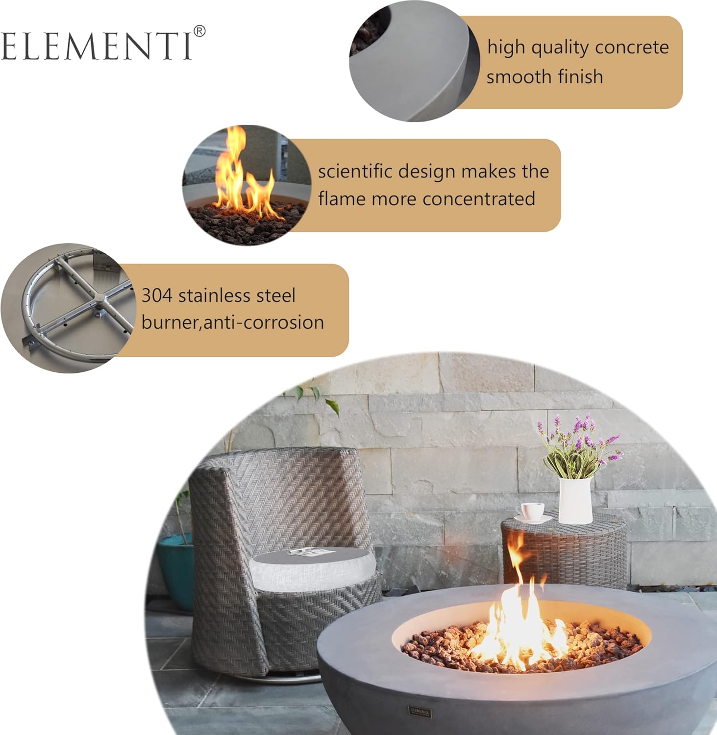 Elementi Outdoor Fire Table Propane Fire Pit Garden Fireplaces 45,000BTU Firepit Patio Round Fire Bowl with 13.2lbs Lava Rocks,ELEMENTI Lunar Bowl Series, Garden Coffee Table,Grey