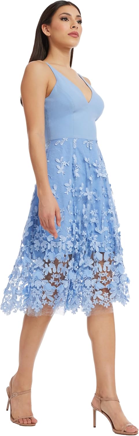 Dress the Population Women's Darleen Sleeveless Plunging Neckline Fit and Flare Midi Dress