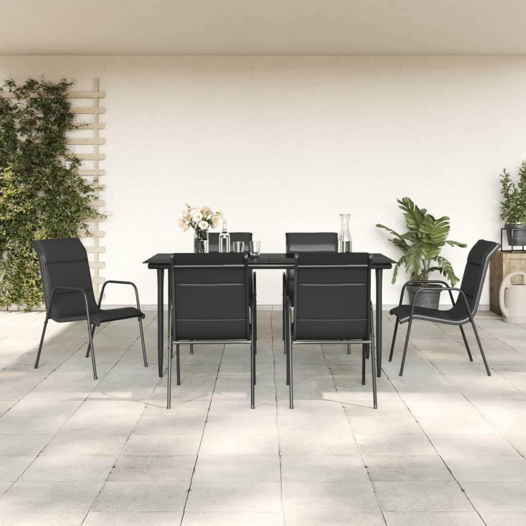 Furniture Sets 7 Piece Patio Dining Set Black Steel and Textilene,Elegant Garden Dining Set with Comfortable Textilene Chairs and Durable Tempered Glass Tabletop for Outdoor Patio Garden Conversation