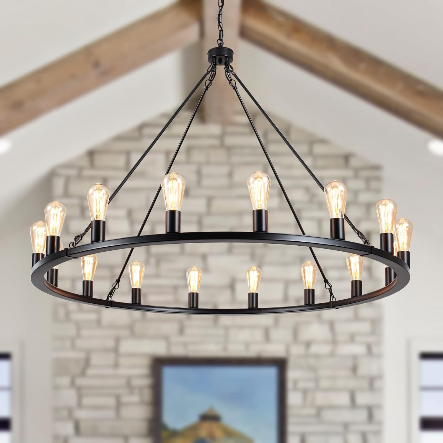 ANKYLHUA Large Black Wagon Wheel Chandelier 47 inch,16-Light Farmhouse Wagon Wheel Chandeliers Round Industrial Ceiling Light fixtures for Outdoor Porch high Ceilings Living Dining Room Foyer Entryway