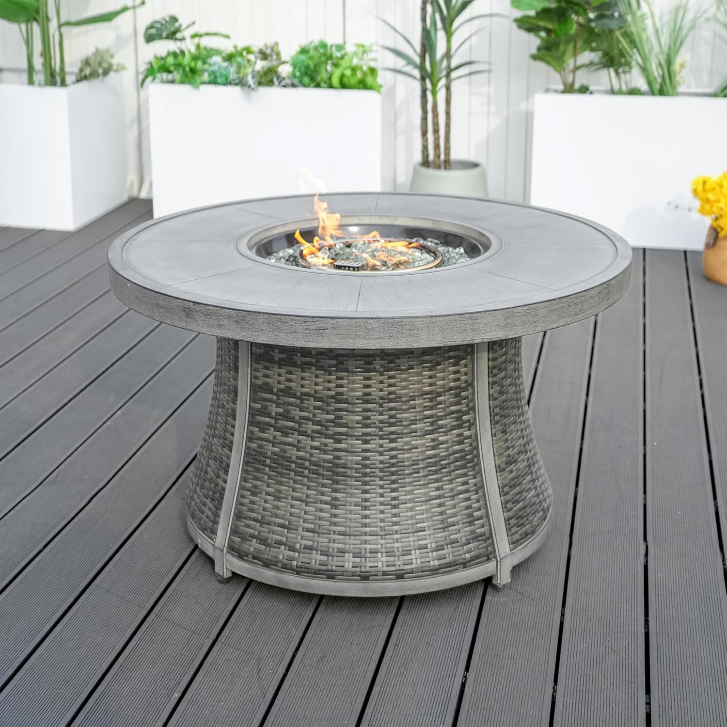 42-Inch Round Gas Fire Pit Table, Aluminum Top with Rattan Base for Outside Patio Backyard Deck Balcony (Grey)