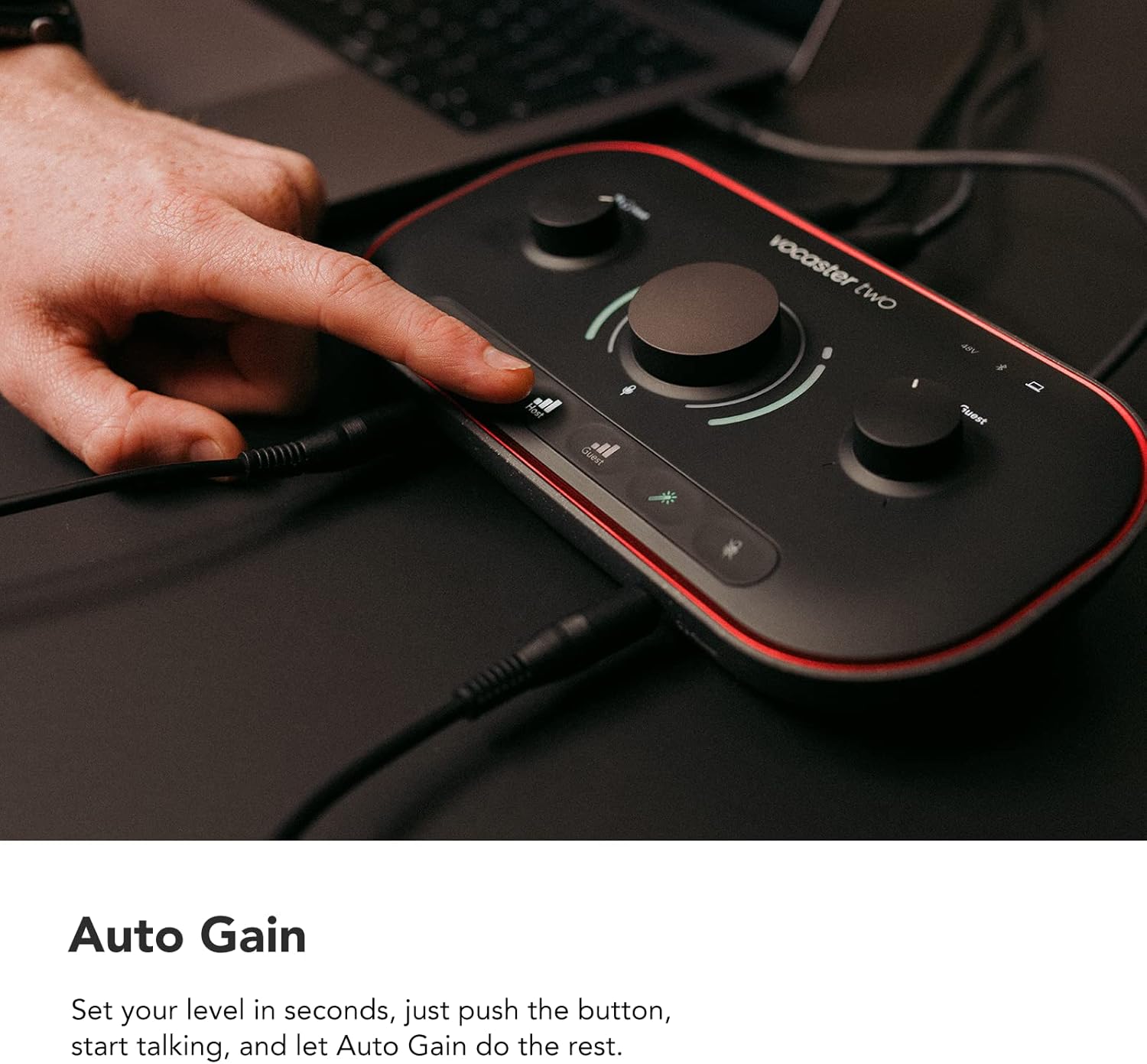 Focusrite Vocaster Two — Podcasting Interface for Recording Host and Guest. 2 Mic Inputs and Headphone Outputs, with Auto Gain, Enhance, and Mute. Small, Lightweight, and Powered by Computer