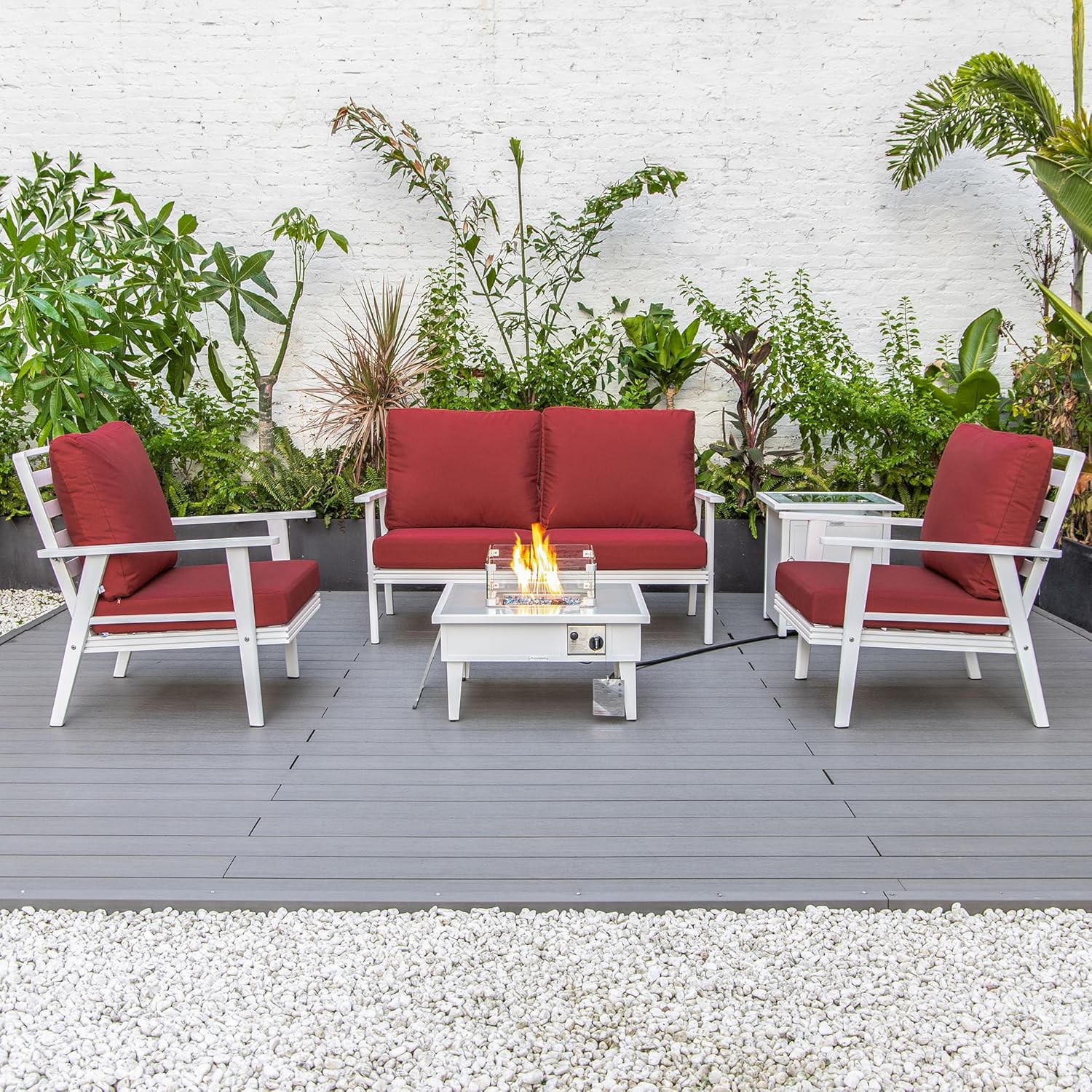 LeisureMod Walbrooke Modern Aluminum 5-Piece Patio Conversation Set with Outdoor Square Fire Pit Side Table Tank Holder, Red