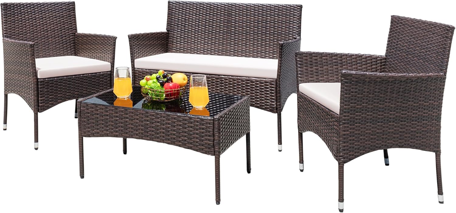 Greesum Patio Furniture 4 Pieces Conversation Sets Outdoor Wicker Rattan Chairs Garden Backyard Balcony Porch Poolside loveseat with Cushion and Glass Table, Brown and Beige