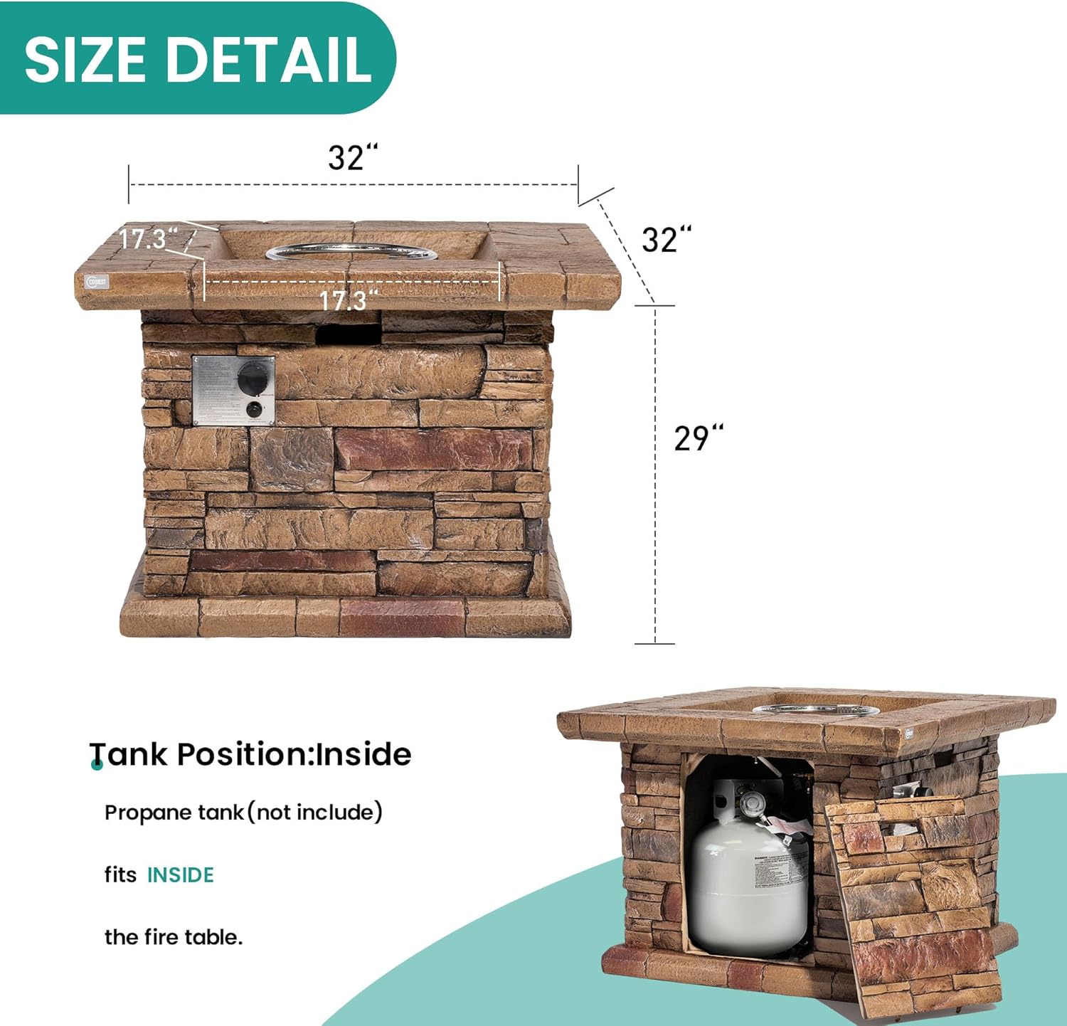 SUNBURY Outdoor 35 Inch Propane Fire Pit Table, Square Patio Fire Table 50,000 BTU Concrete Fire Table w Brown Fire Glass