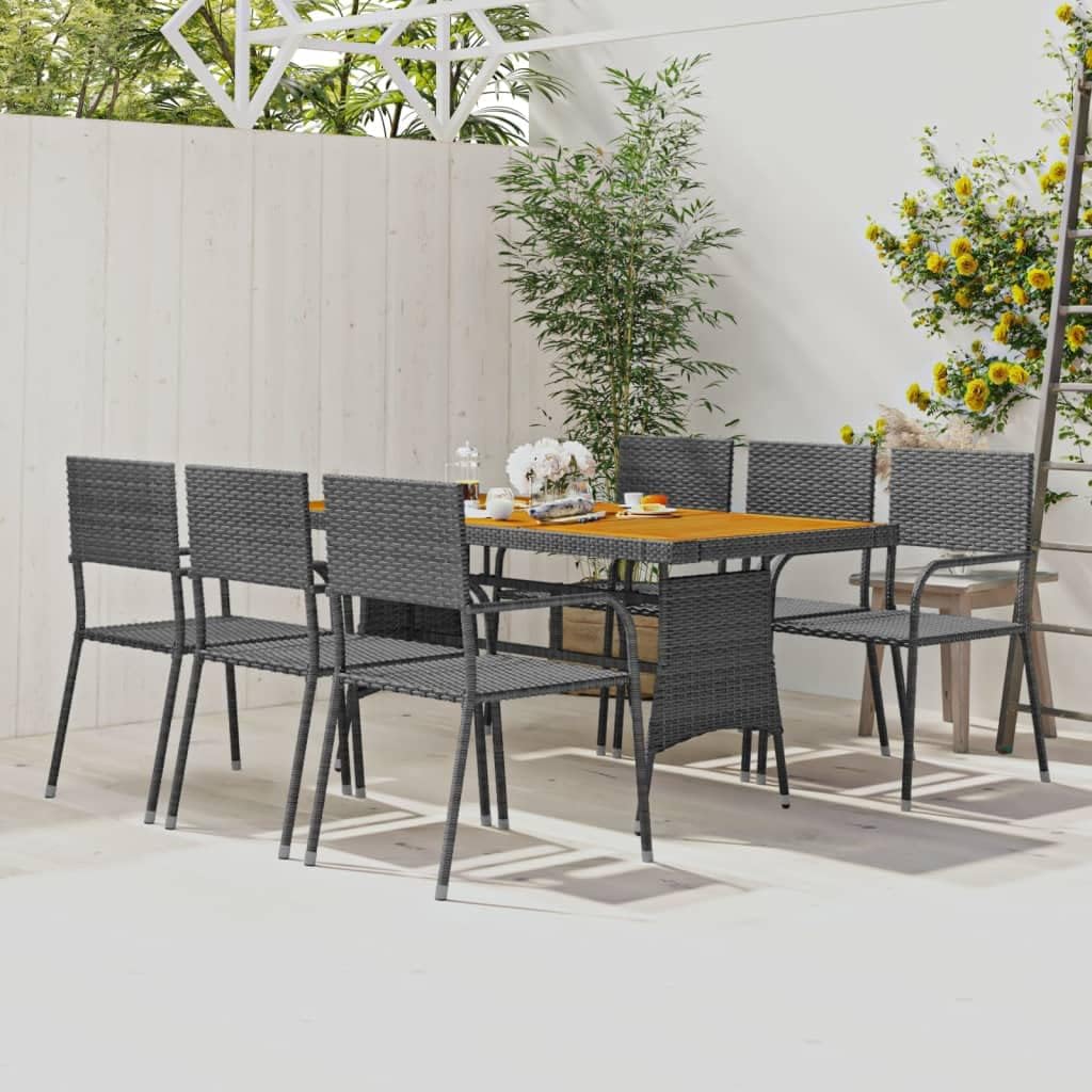 7 Piece Patio Dining Set Poly Rattan Gray,Elegant Outdoor Dining Set with Water-Resistant Rattan and Acacia Wood Table Furniture Sets for Patio, Lawn & Garden